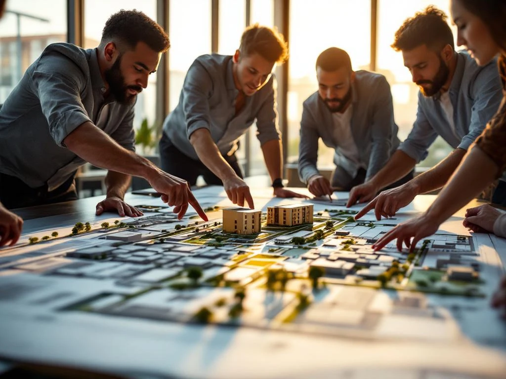 Vijf diverse professionals bespreken architecturale bouwplannen rond conferentietafel met schaalmodel van woningen