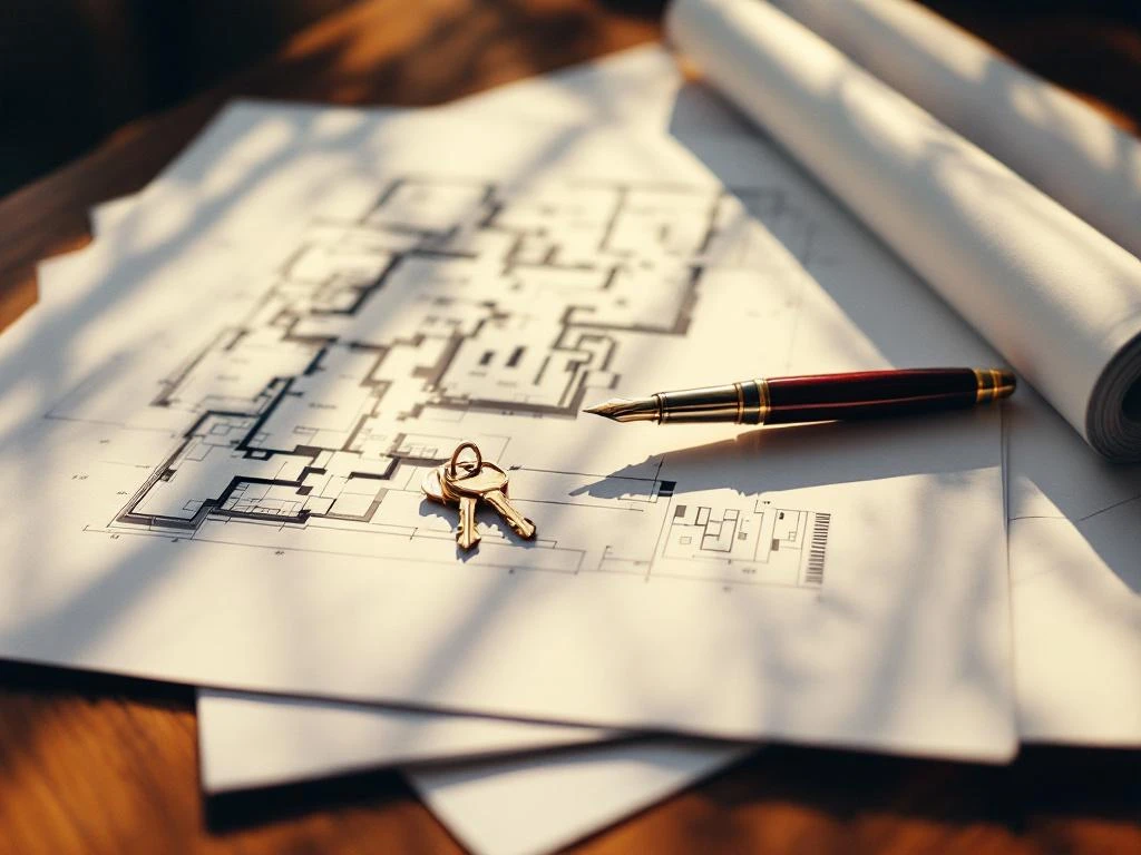 Architecturale plattegrond op houten bureau met vulpen, sleutels en juridische documenten in vastgoedkantoor