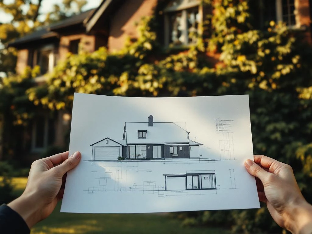 Handen houden bouwplannen van modern huis voor karakteristiek bakstenen pand met klimop in gouden zonlicht