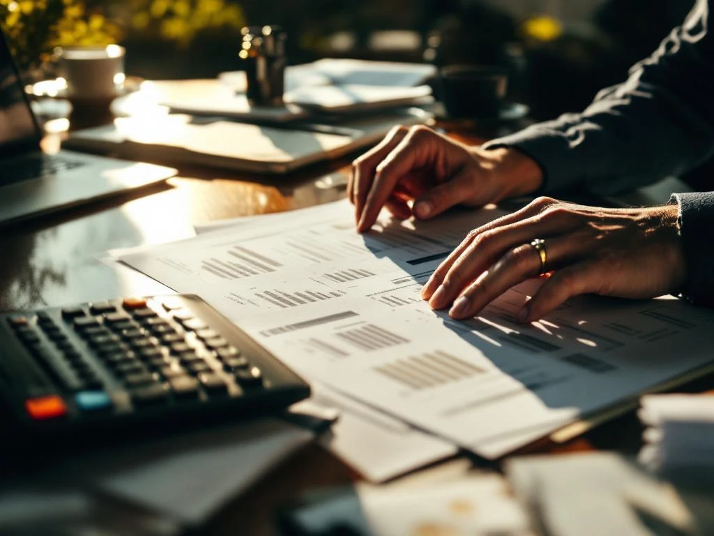 Professionele handen organiseren belastingdocumenten en investeringsportefeuilles op mahonie bureau met calculator
