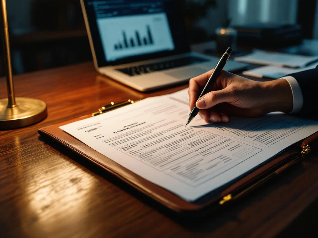 Belastingadviseur werkt met Nederlandse belastingdocumenten en eigendomsaktes op mahonie bureau met calculator