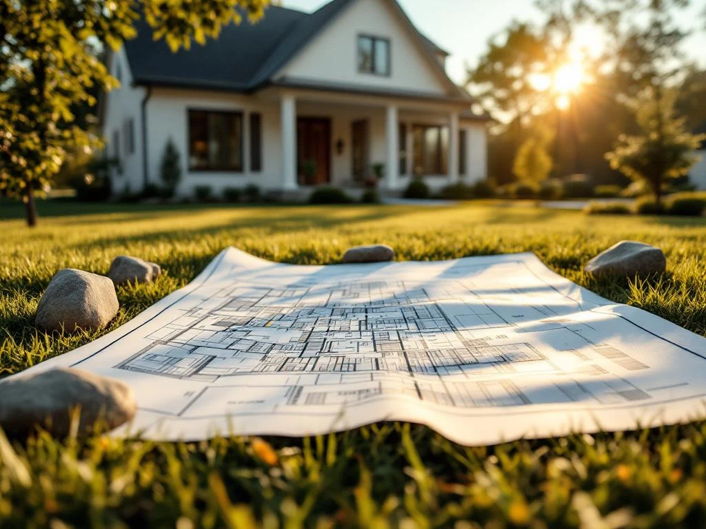 Moderne buitenwijk woning met grote bestemmingsplan kaart uitgespreid op voorgazon, vastgehouden door stenen