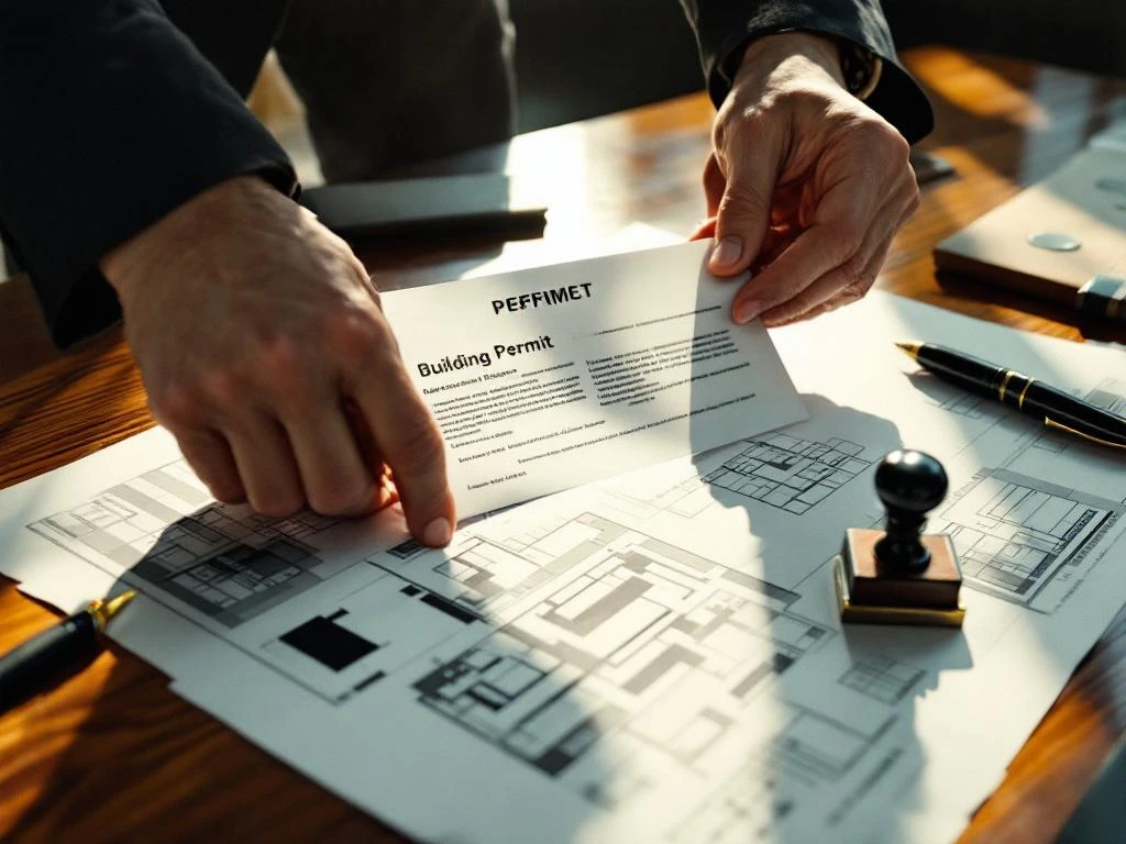 Handen houden bouwvergunning boven architecturale bouwtekeningen op houten bureau met stempel en pen
