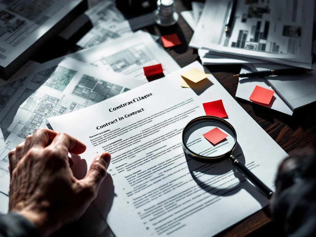 Zakenman aarzelt over contract met rode waarschuwingsvlaggen en vergrootglas op bureau met juridische documenten