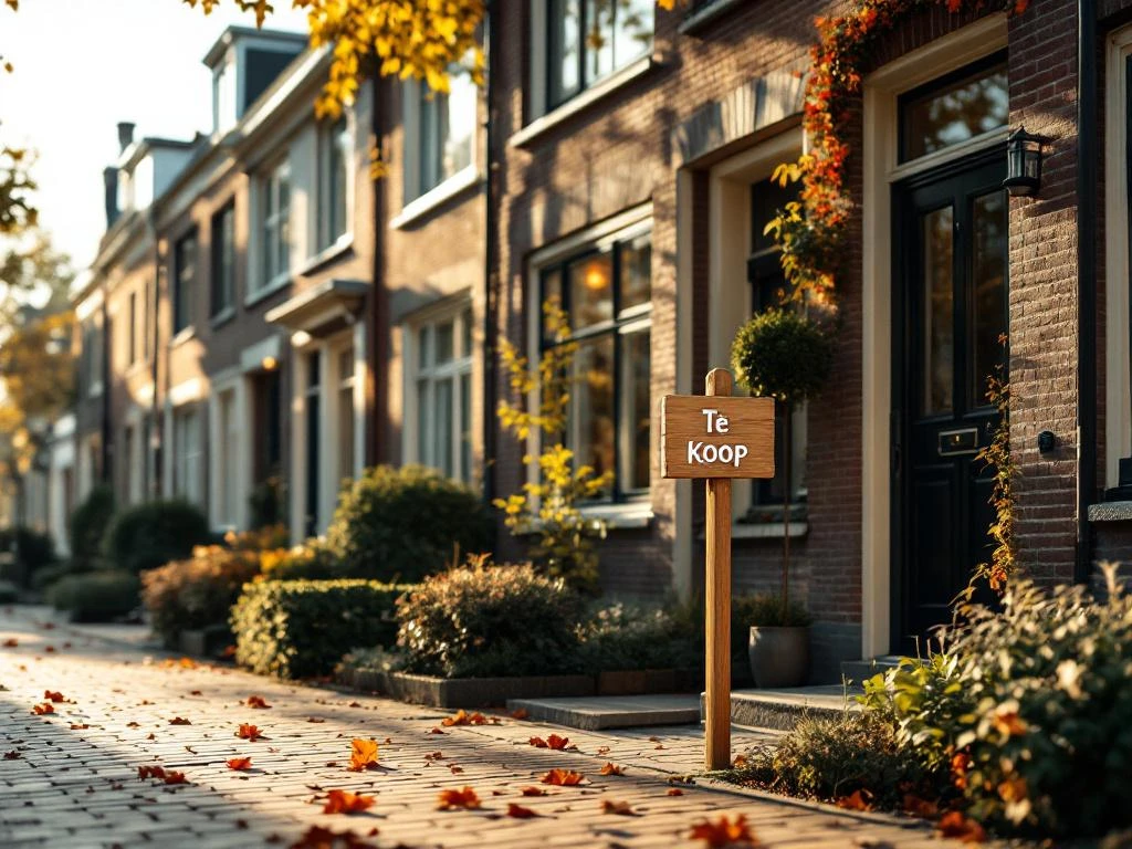 Nederlandse grachtenpand met "Te Koop" bord in voortuin, ochtendlicht op kinderkopjes, herfstbladeren op straat