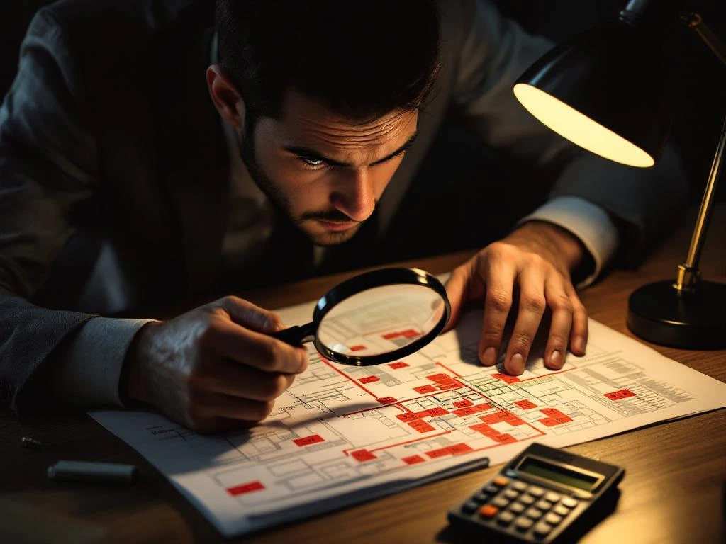 Jonge professional onderzoekt vastgoedkaart met vergrootglas, rode waarschuwingsmarkeringen tonen problemen op bureau