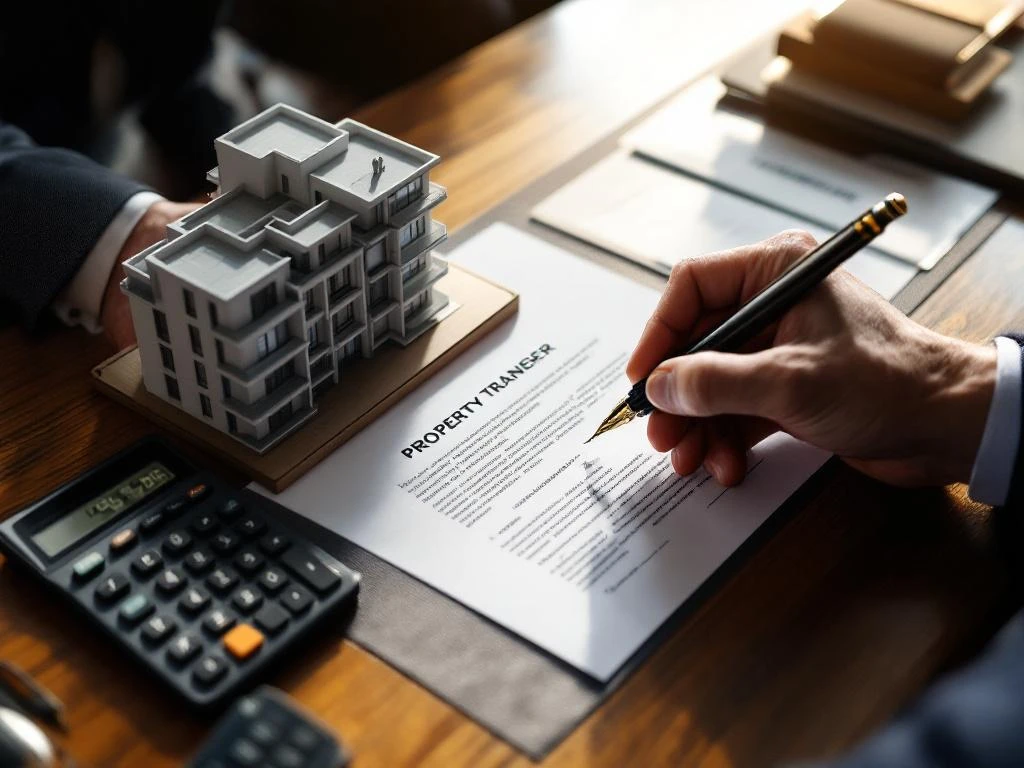 Zakenman ondertekent eigendomsoverdracht document met vulpen, architectuurmodel en calculator op bureau