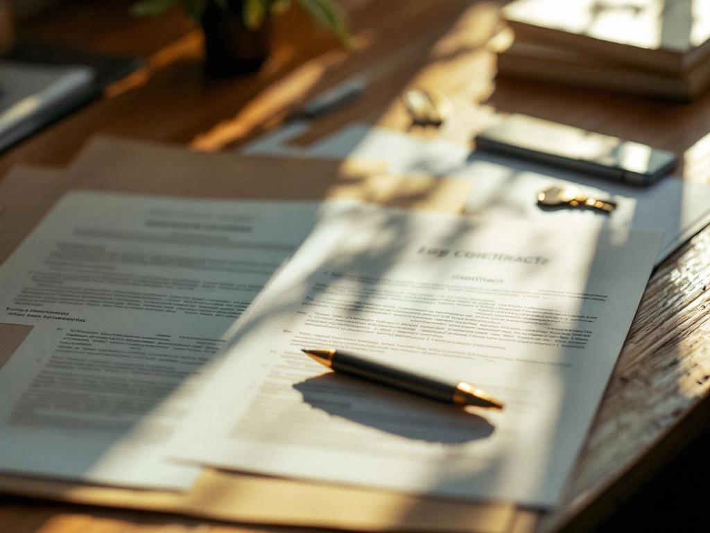 Open map met eigendomsdocumenten en contracten op houten bureau, met zwarte pen en huissleutel in warm natuurlijk licht