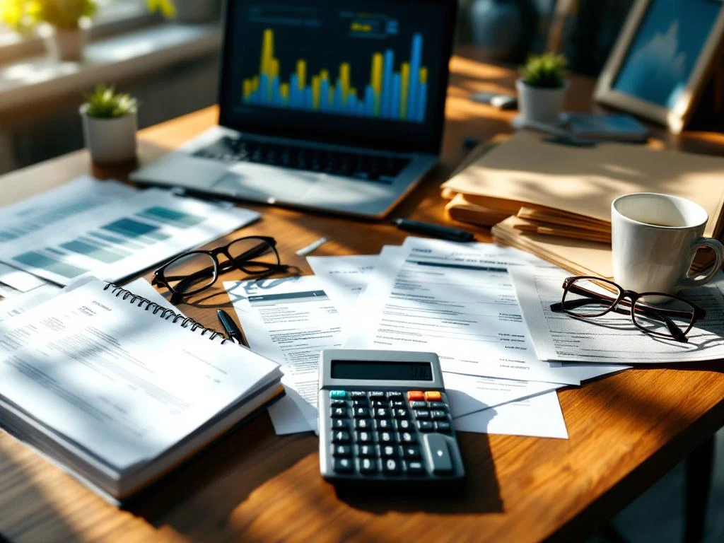Financieel adviseur bureau met calculator, laptop met spreadsheet, documenten in mappen en koffiekop op houten tafel