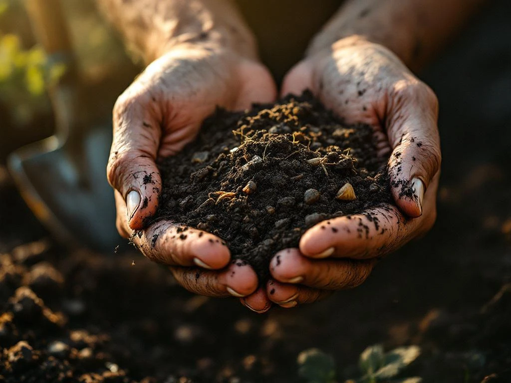 Verweerde handen houden donkere, rijke tuinaarde vast met zichtbare wortels en organisch materiaal in gouden zonlicht