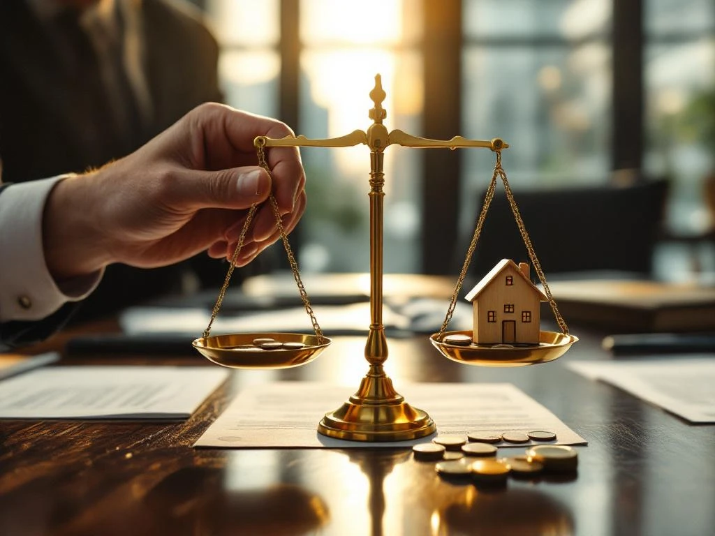 Zakenman houdt messing weegschaal vast met houten huis en munten, op mahoniehout bureau met juridische documenten