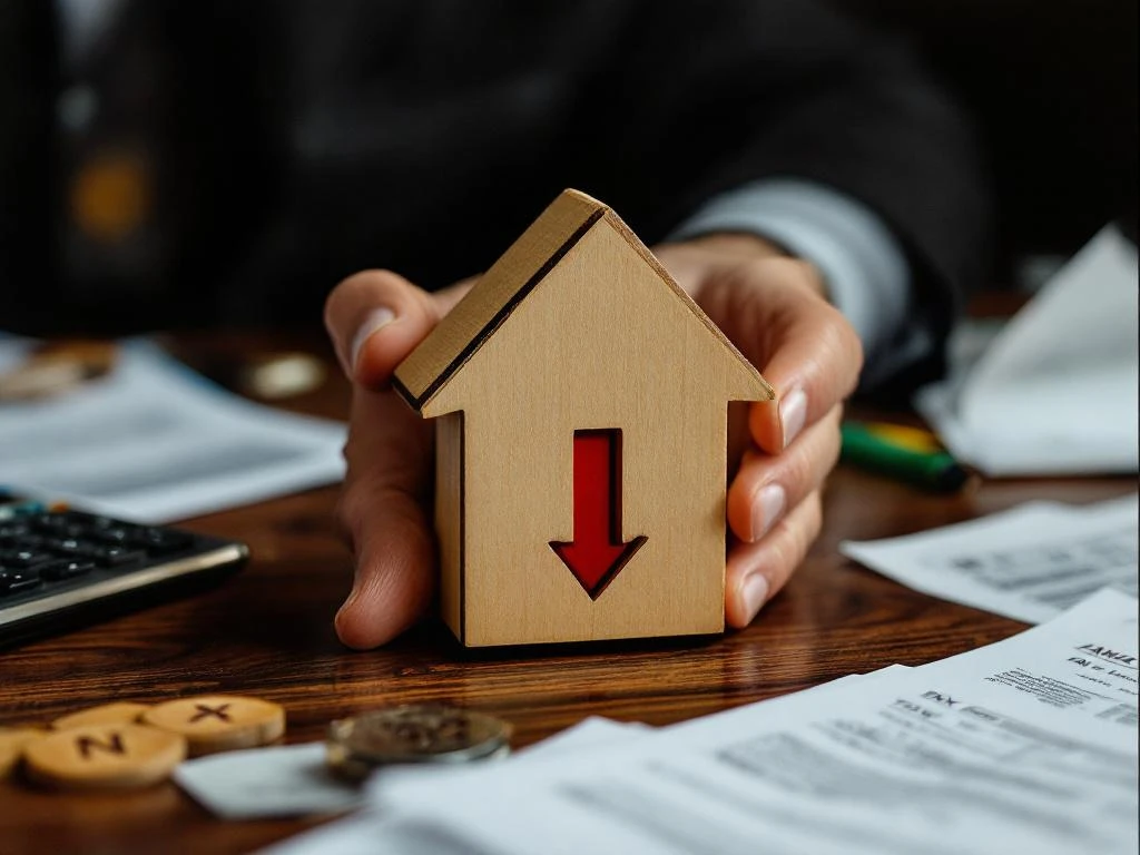 Zakenman houdt houten huismodel met rode pijl omlaag boven financiële documenten en calculator op bureau