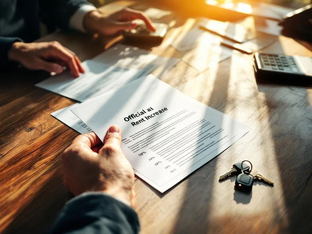 Handen van verhuurder die huurverhoging document vasthoudt boven bureau met rekenmachine en huissleutels