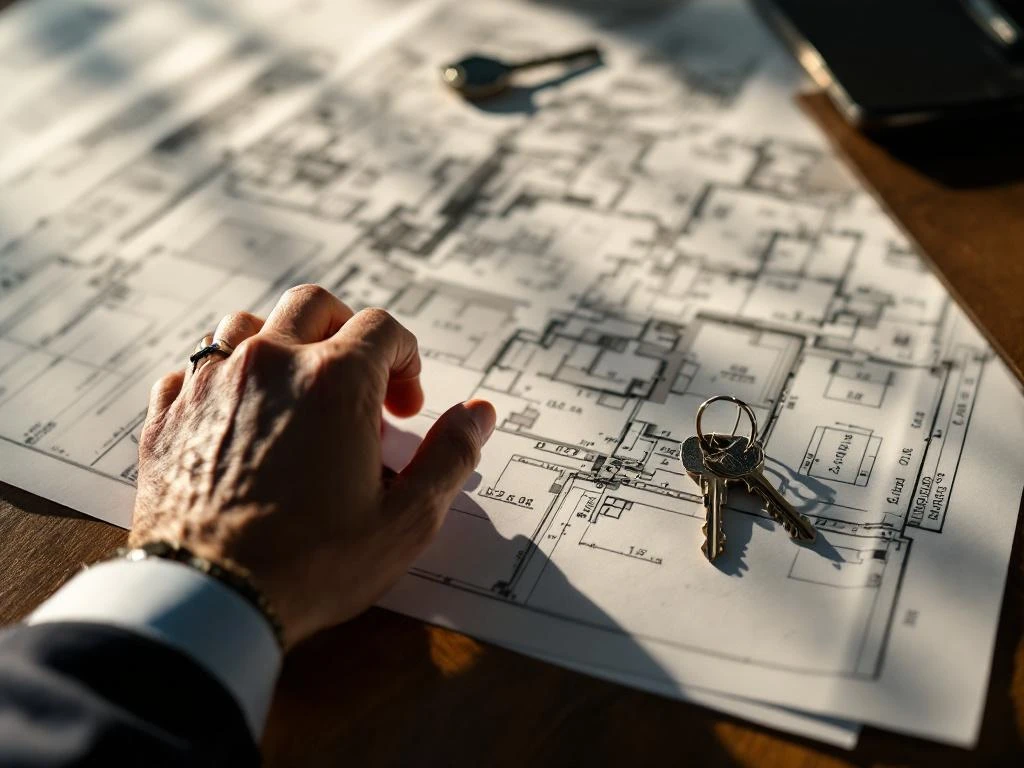Bankier plaatst huissleutel op landmeetkundig kaart met hypotheekaanvraag op mahonie bureau