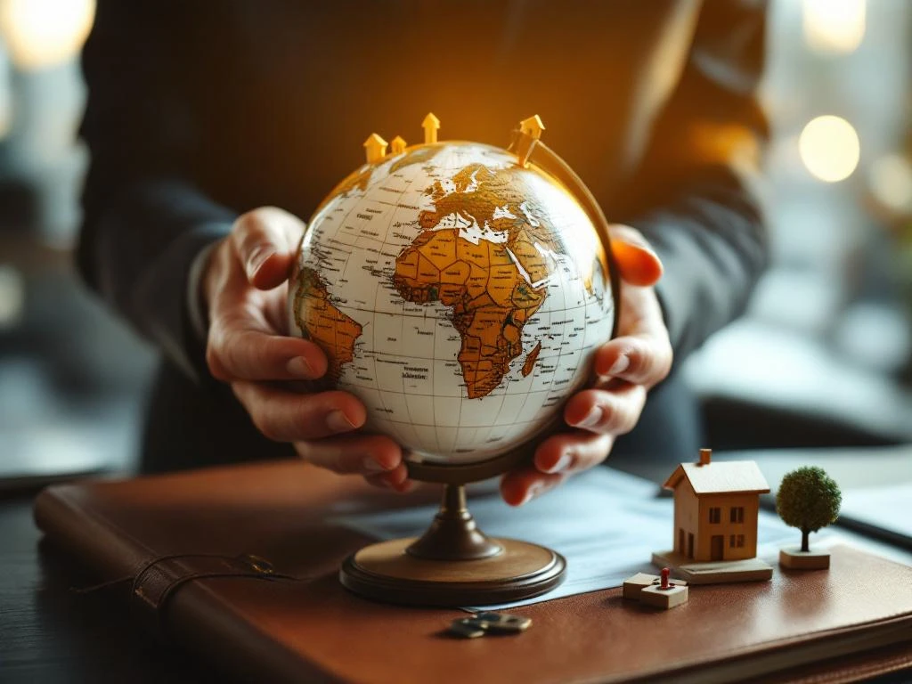 Zakenman houdt miniatuurbol met houten huismodellen en documenten voor internationale vastgoedinvestering