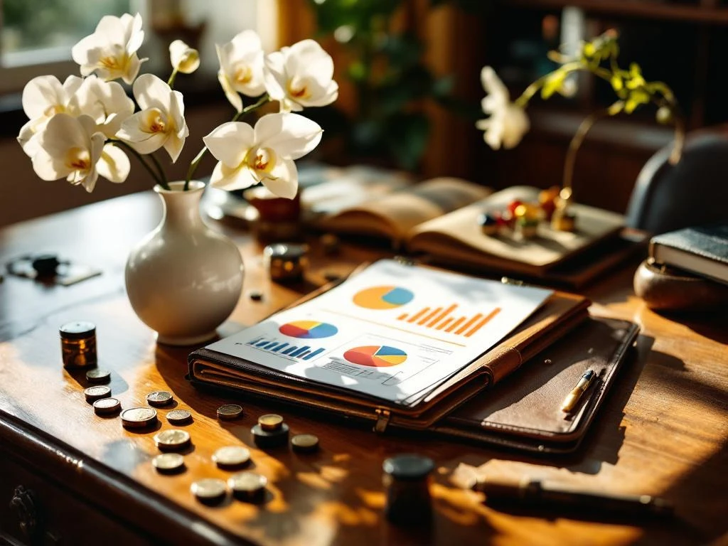 Investeerder bureau met open leren portfolio vol kleurrijke grafieken, witte orchideeën in vaas, keramische munten