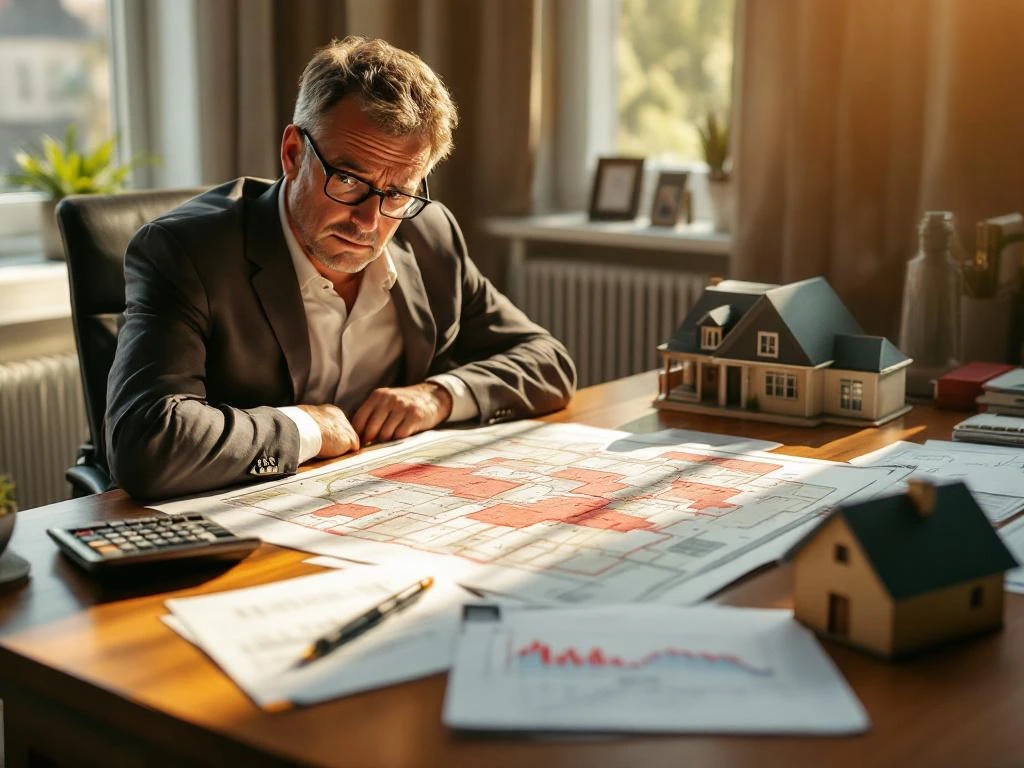 Bezorgde investeerder bestudeert landmeetkundige kaart met rode probleemgebieden, calculator en financiële documenten op bureau