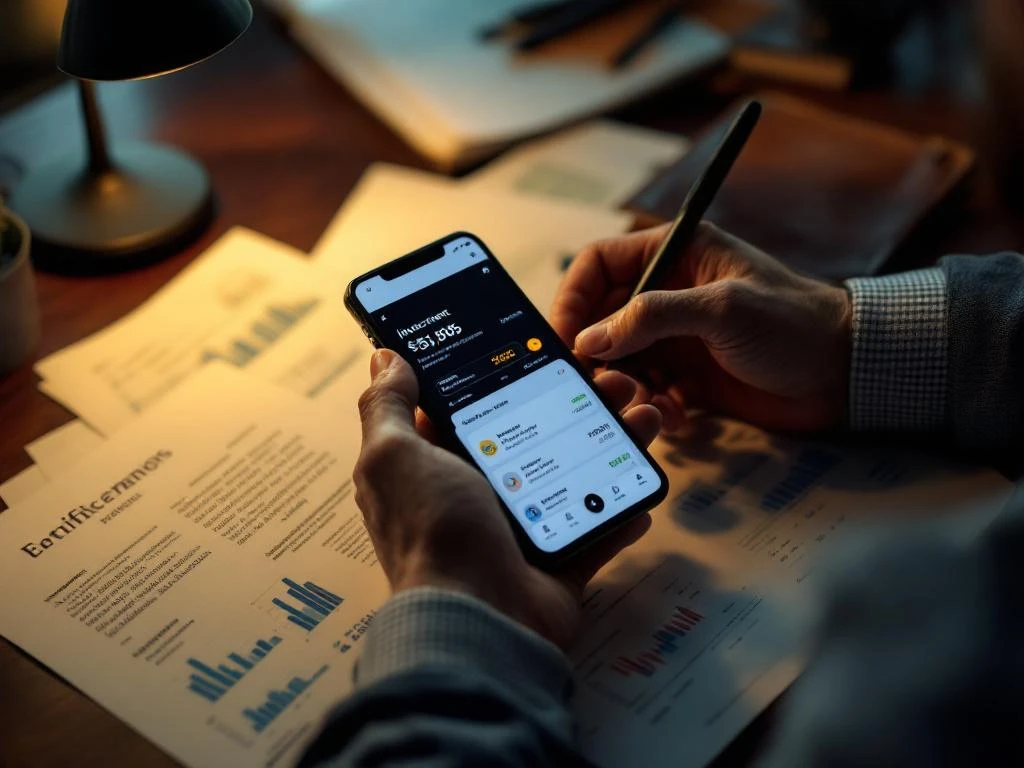 Zakenman houdt smartphone met beleggingsapp boven traditionele aandelencertificaten en financiële documenten op bureau