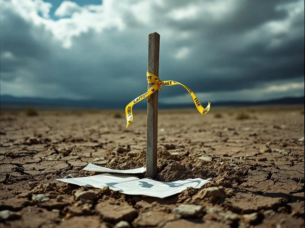 Landmetersstok met waarschuwingstape in droge, gebarsten grond, juridische documenten en kaarten verspreid, onweerswolken