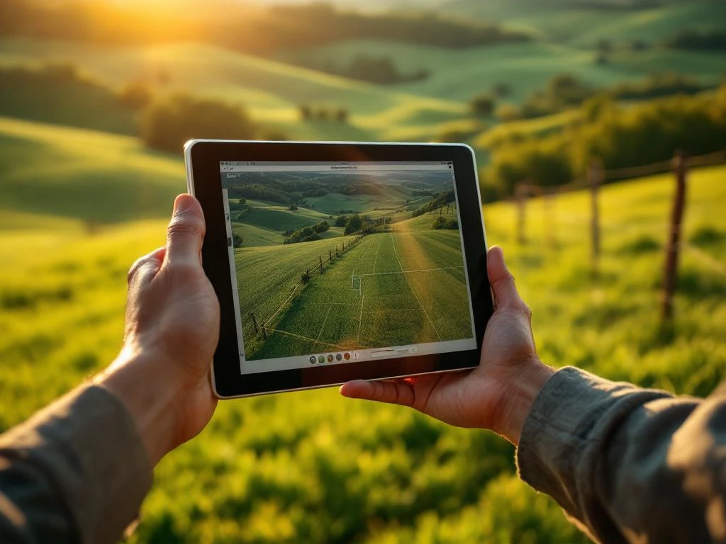 Landmeter houdt tablet met topografische kaart vast op boerderij met houten hekpalen tijdens gouden uur