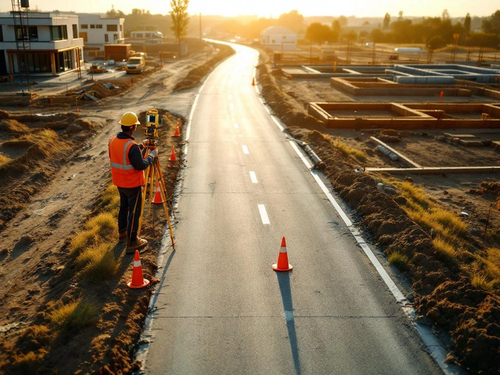 Nieuw aangelegde weg door bouwterrein met landmeetapparatuur, oranje grenspalen en woningfundament in aanbouw