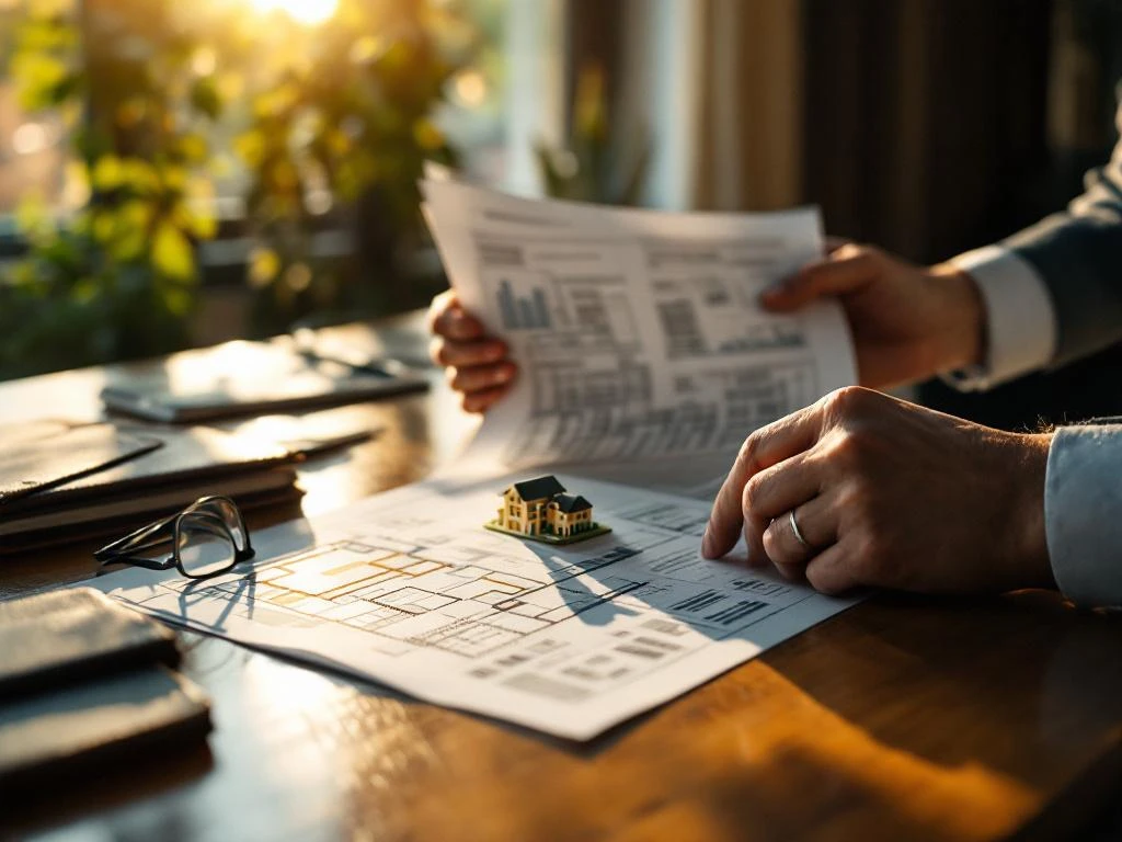 Professionele handen bestuderen landmeetkundige documenten en architectuurmodel van woningen op houten bureau
