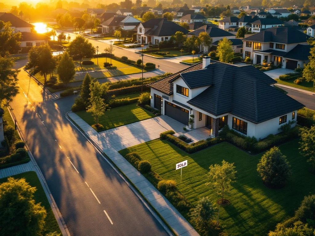 Luxe woning met VERKOCHT bord in moderne woonwijk tijdens gouden uur, luchtfoto met groene landschapsarchitectuur