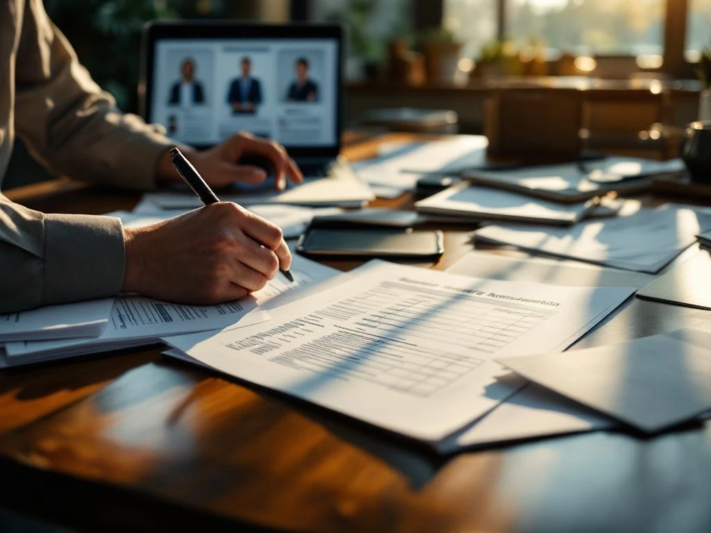 Vastgoedmakelaar beoordeelt huurcontracten aan bureau met laptop, documenten en vergrootglas in kantoor
