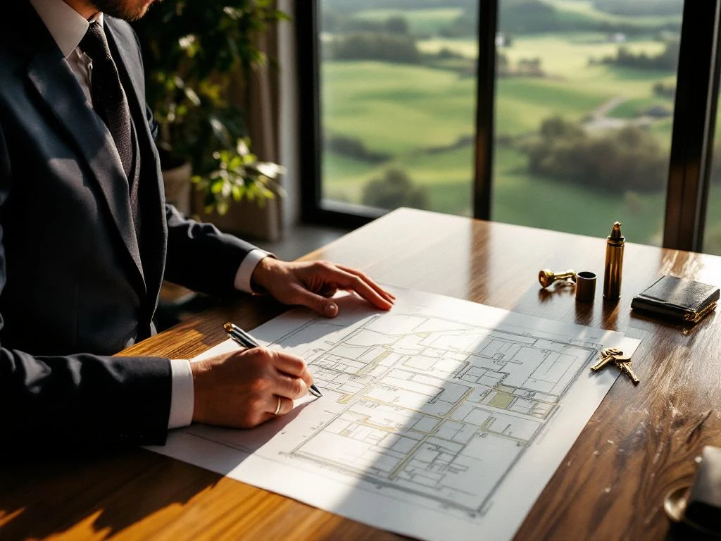 Professionele makelaar in pak bestudeert landkaart aan houten bureau met sleutels, groene grond zichtbaar door raam
