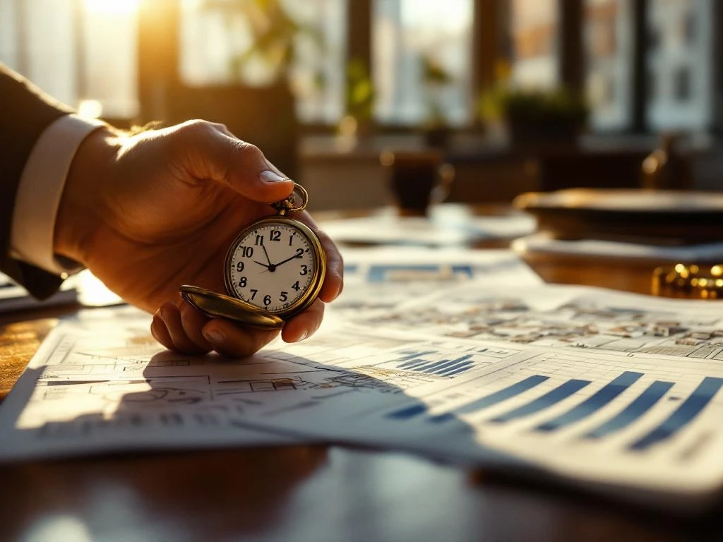 Makelaar houdt vintage zakhorloge boven eigendomskaart op mahoniehout bureau met marktgrafieken in kantoor