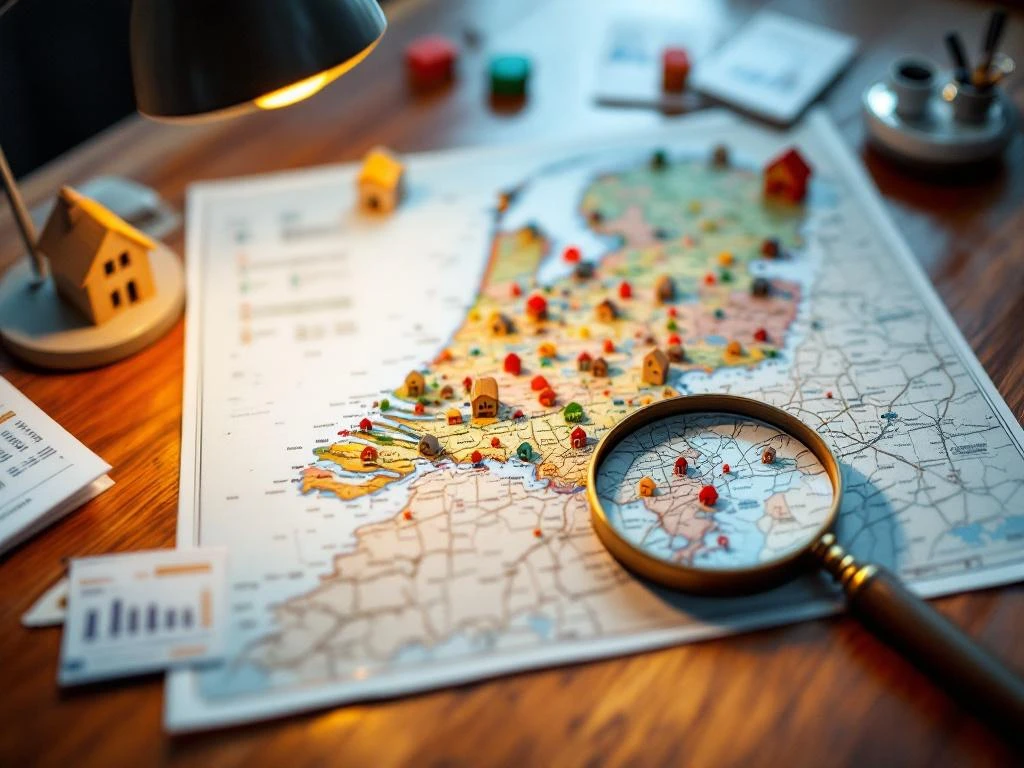 Topografische kaart van Nederland op houten tafel met huismodellen, grenspalen en vergrootglas voor vastgoedinvestering