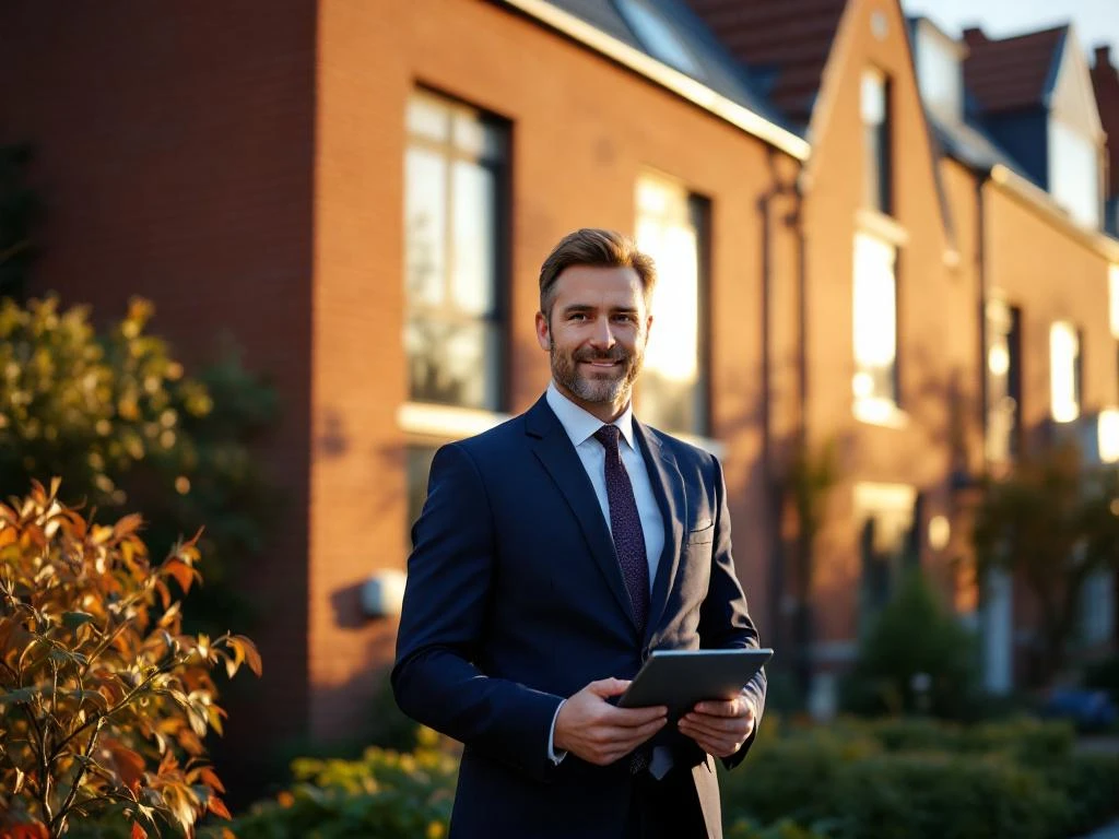Professionele makelaar met tablet voor moderne Nederlandse rijtjeshuis met rode bakstenen gevel in ochtendlicht