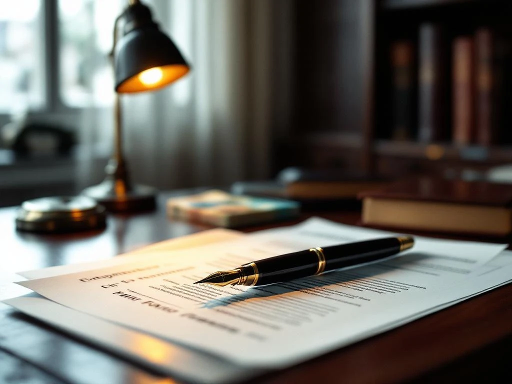 Notaris bureau met eigendomsdocumenten, vulpen, eurobiljetten en juridische boeken op mahoniehout tafel