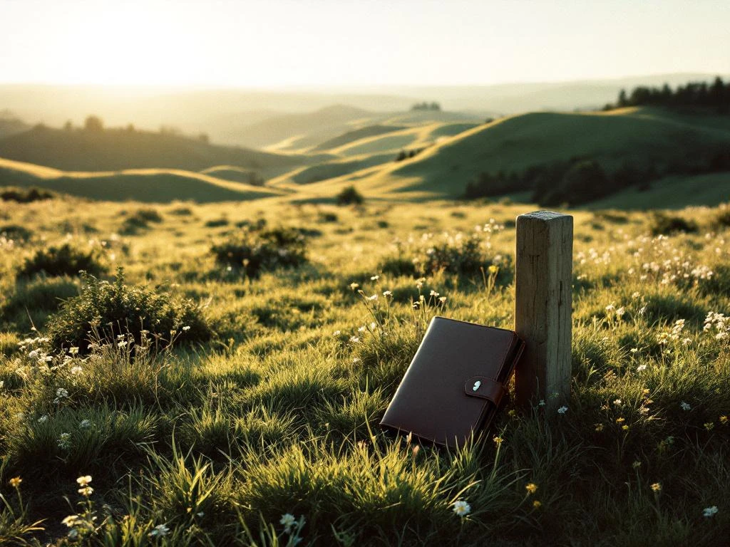 Onbebouwd perceel grond met gras en wilde bloemen, landmeter paal en documenten, heuvels op achtergrond