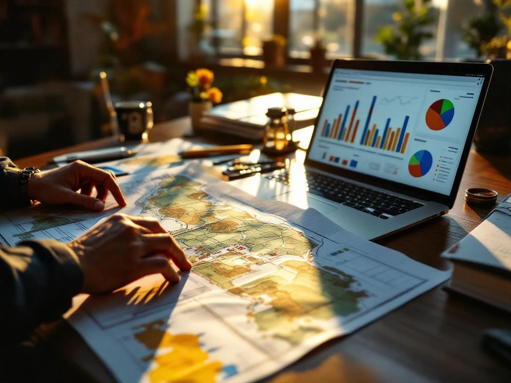 Analist houdt topografische kaart vast naast laptop met datagrafieken, landmeetgereedschap op houten bureau in kantoor