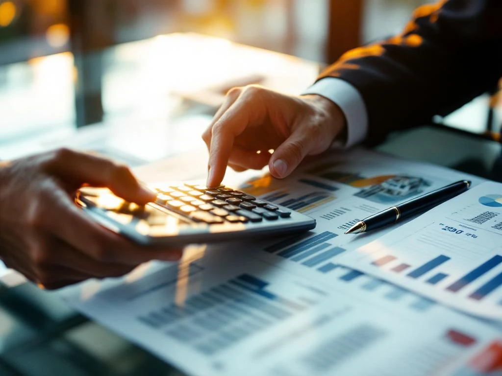 Zakenman gebruikt rekenmachine voor vastgoed investeringsberekeningen op financiële spreadsheets op kantoorbureau
