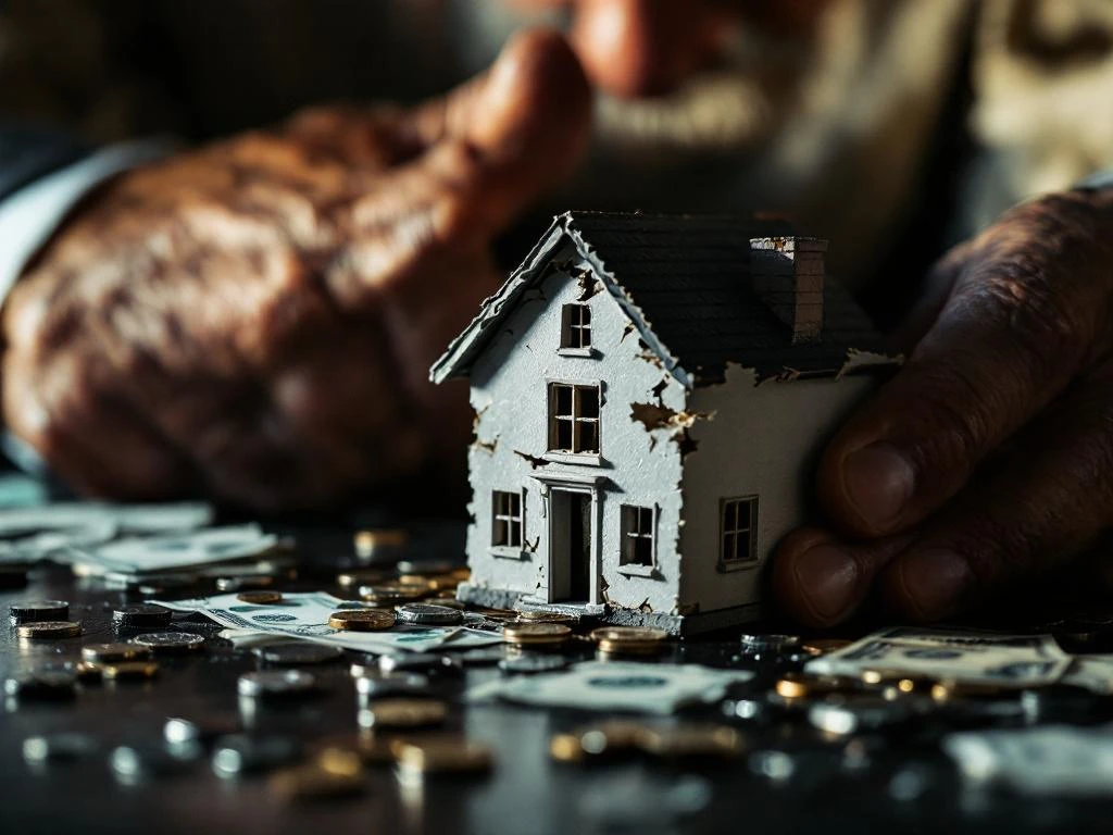 Verweerde zakenmanhand houdt instortend miniatuurhuis boven verspreide munten en bankbiljetten op donker houten bureau