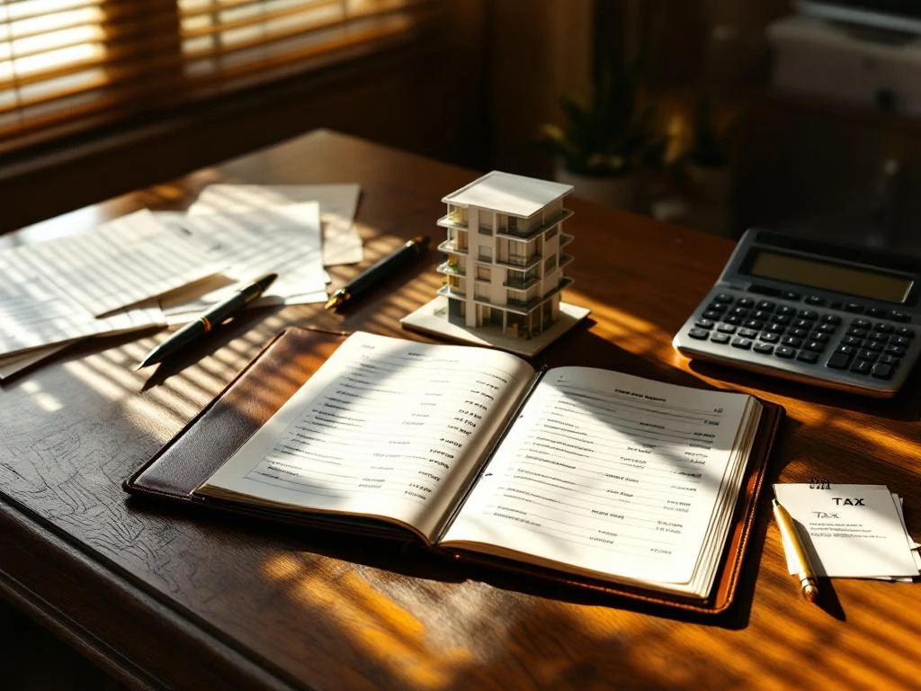 Miniature appartementengebouw model op mahonie bureau met financiële documenten, rekenmachine en belastingpapieren