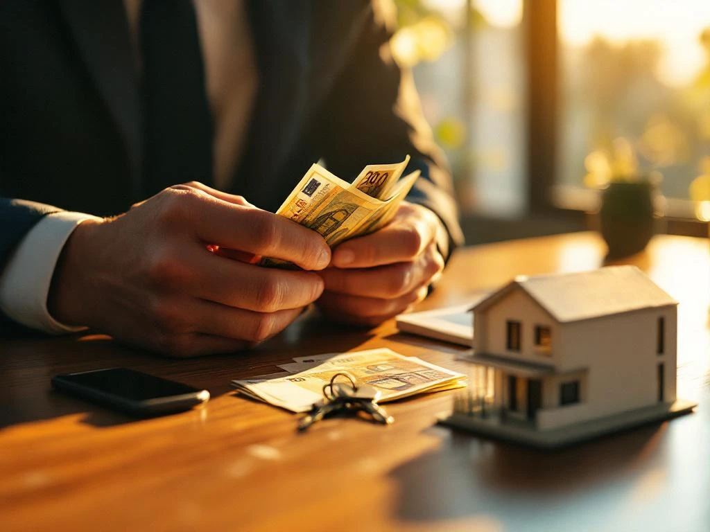 Zakenman telt euro bankbiljetten naast huissleutels en architectuurmodel op mahonie bureau in gouden zonlicht