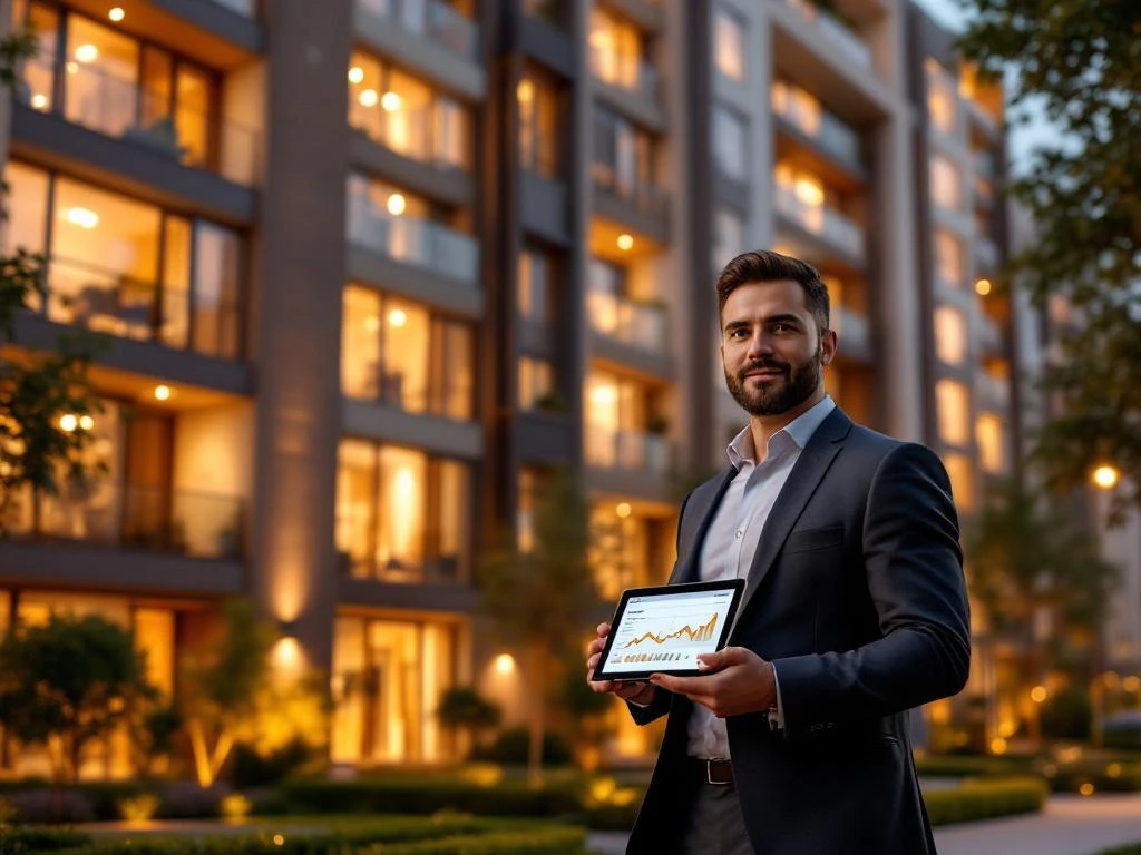 Vastgoedinvesteerder met tablet voor modern appartementengebouw met verlichte ramen tijdens gouden uur
