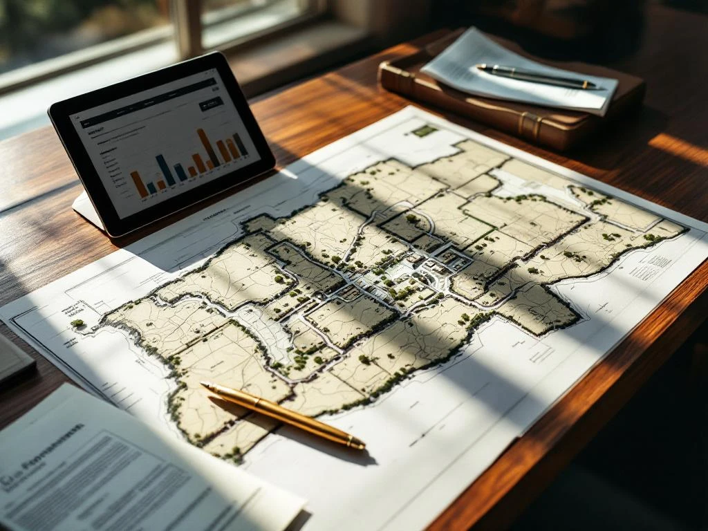 Topografische kaart van onbebouwde grondpercelen op houten bureau met tablet en documenten voor vastgoedinvestering