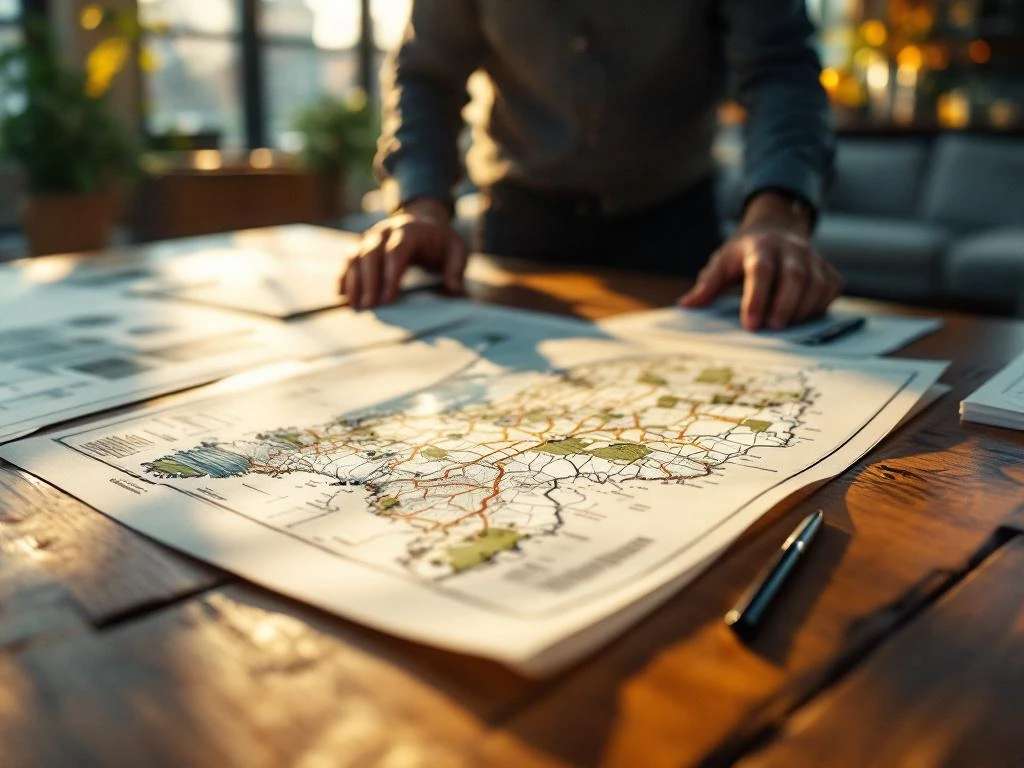 Vastgoedinvesteerder bekijkt topografische kaart van Nederland op houten tafel met documenten en vergrootglas