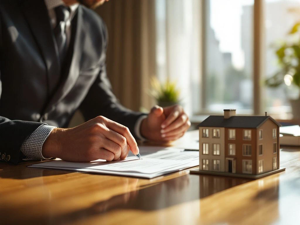 Vastgoedinvesteerder bestudeert woningwetgeving documenten aan bureau met Nederlands architectuurmodel in zonlicht
