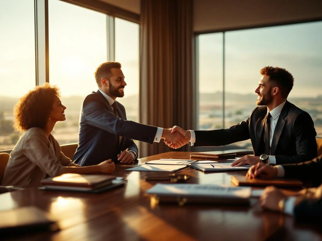 Zakenman schudt handen met diverse vastgoedinvesteerders rond conferentietafel met onbebouwde grondpercelen op achtergrond