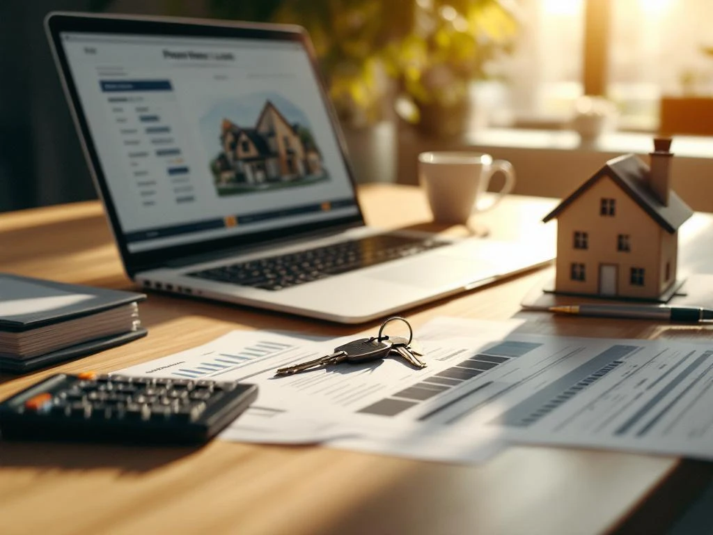 Houten bureau met laptop die vastgoedlijst toont, huissleutels op documenten, architectuurmodel en calculator