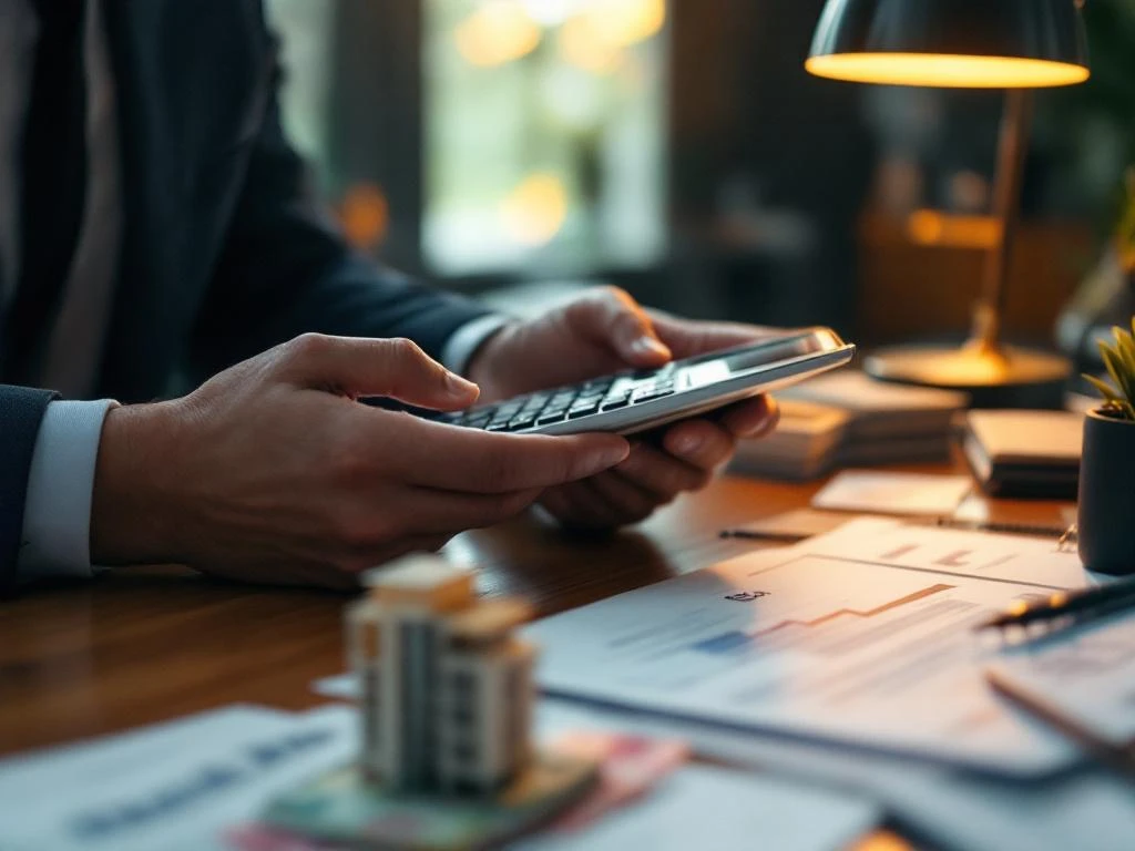Zakenman berekent vastgoedinvestering met calculator, euro bankbiljetten en appartementenmodel op bureau