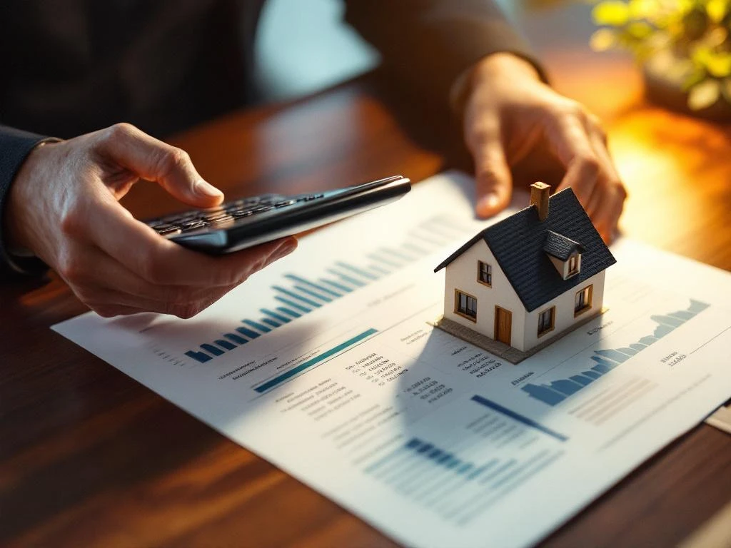 Miniatuur huismodel op financiële documenten met calculator en professionele handen, vastgoedinvestering analyse