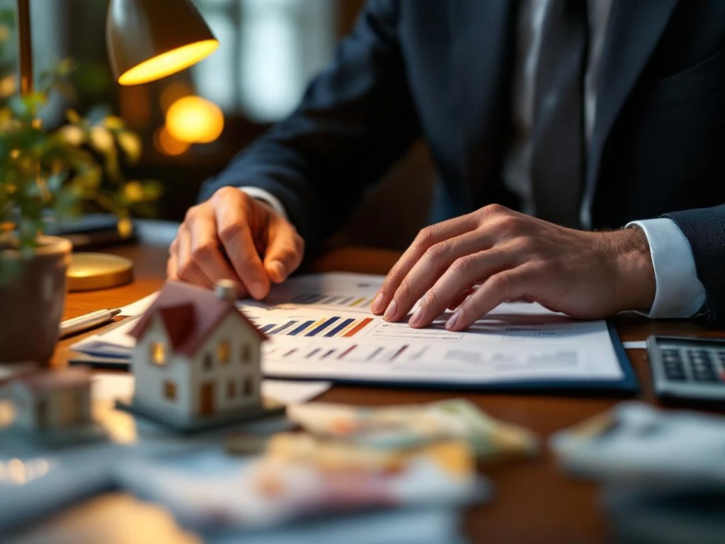 Zakenman analyseert vastgoedinvestering calculator met euro bankbiljetten en huismodel op bureau