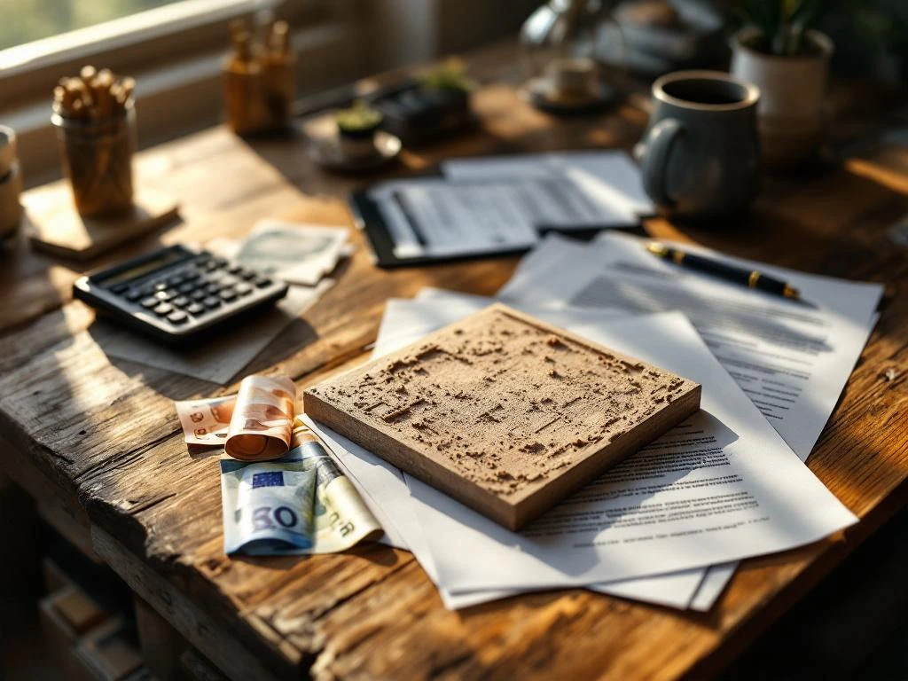 Architectuurmodel van leeg perceel op bureau met financiële documenten, rekenmachine en euro bankbiljetten