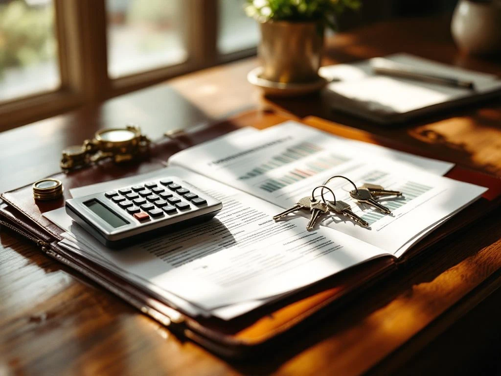 Mahonie bureau met open leren portfolio vol vastgoedinvestering documenten, rekenmachine en huissleutels in zonlicht
